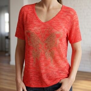 Zazie Paris Coral Butterfly Metallic Rhinestone Sheer Knit Top (Size M)